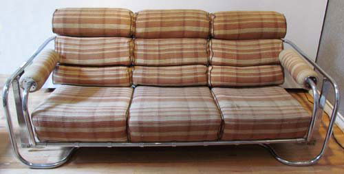 Gilbert Rhode Chrome Glider: Artist: Rhode, Gilbert Title: Chrome Glider with original upholstery Medium: chrome with original upholstery (also including floral slipcover) Dimensions: 32 x 79 x 39 inches