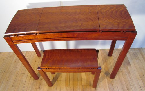 Chris Weiland Vanity Table and Bench: Artist: Weiland, Chris Title: Chris Weiland Vanity Table and Bench Medium: birdseye maple Dimensions: 34.25 x 47.75 x 17.25 inches Signature: unsigned