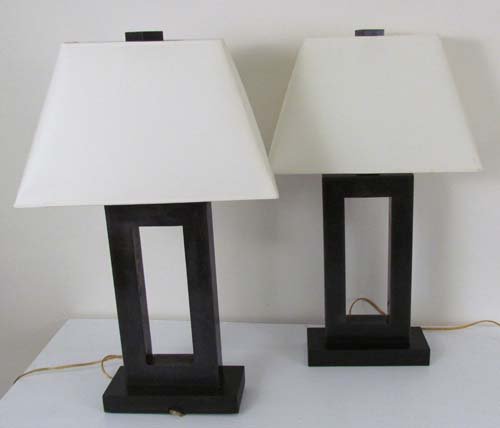 Pr. Metal Open Rectangle Based Table Lamps: Title: Pair of Open Rectangle Based Table Lamps, of metal construction with bronze metal finish and white paper shades Medium: metal, wood, paper Dimensions: 30 x 18 x 9 inches each