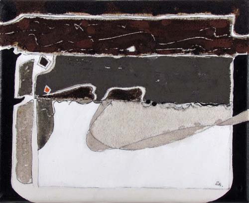 Eric Atkinson m/m painting "Brown Huron": Artist: Atkinson, Eric (British/Canadian, born 1928) Title: Brown Huron Date: 1995 Medium: sand and mixed media, acrylic on canvas Dimensions: 8 x 10 inches Description: abstracted dune la