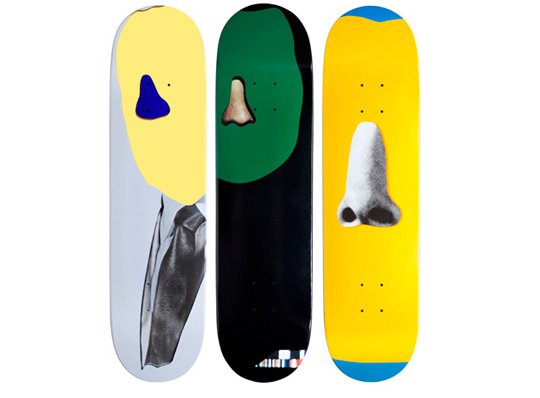3 John Baldessari "Nose" decorated skateboards: Artist: Baldessari, John Anthony (American, b. 1931) Title: A collection of 3 Skateboards with John Baldessari "Nose" images on underside, each a different color on the top Medium: acrylic, transfer-p