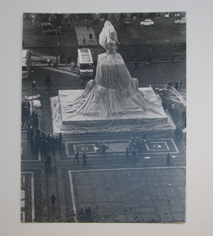 signed Christo photograph Wrapped: Artist: Christo Title: Wrapped Monument to Vittorio Emanuele, Project fir Piazza del Duomo Date: 1975 Medium: black and white Photograph of the wrapped project Dimensions: 21.5 x 28 inches Ed