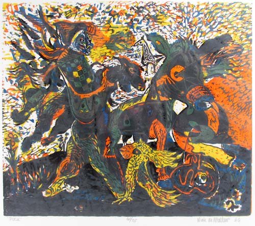 Nick De Matties color woodcut "Puck": Artist: De Matties, Nick (American/Hawaii, b. 1939) Title: Puck Date: 1966 Medium: woodcut printed in colors Dimensions: 13 x 15.25 inches Edition: 61/75 Signature: pencil signe