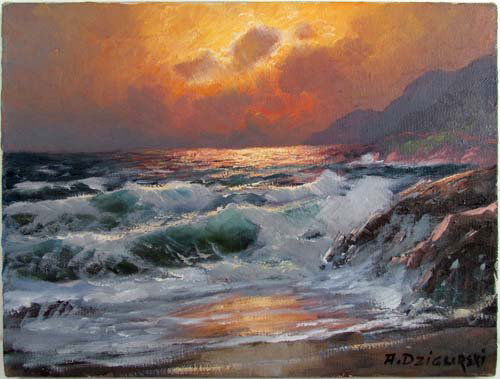 Alexander Dzigurski "Crashing Waves" oil painting: Artist: Dzigurski, Alexander A. (American/California 1911 - 1995) Title: Crashing Waves along The California Coast Date: n.d. Medium: oil on canvas Dimensions: 9 x 12 inches Signature: si