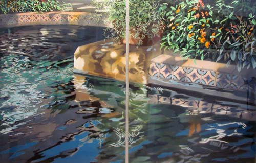 David Kessler orig serigraph Diptych Pool: Artist: Kessler, David (American, born 1950) Title: Edge of the Pool Date: 1980's Medium: serigraph printed in colors Dimensions: 40 x 60 inches Provenance: Concept Art Gallery Fram