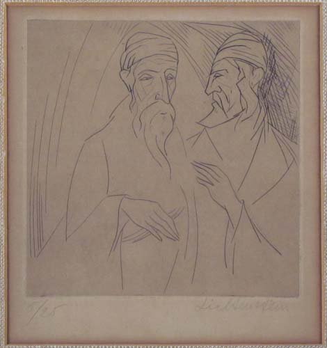 Isaac Lichtenstein drypoint etching "Two Men": Artist: Lichtenstein, Isaac (20th Century, Russian/American) Title: Two Men Talking Date: n.d. Medium: drypoint etching Dimensions: 6 x 6 inches Edition: 41054 Signature: pencil