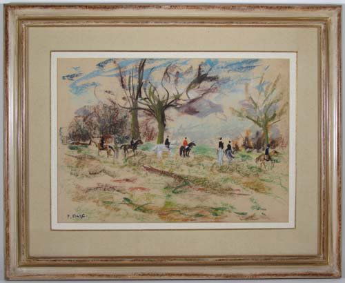 Paul Maze pastel "At the Covert" Hunt scene: Artist: Maze, Paul Lucien (French/British, 1887 - 1979) Title: At the Covert Date: circa 1979 Medium: pastel on paper Dimensions: 10.5 x 14.75 inches Signature: signed P.Maze lower left