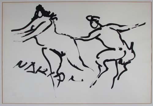 Reuben Nakian pen and ink drawing Nymph and Satyr: Artist: Nakian, Reuben (American 1897-1986) Title: Nymph and Satyr Date: circa 1965 Medium: ink on paper Dimensions: 11.5 x 17.25 inches Signature: signed across Nymph's leg Provena