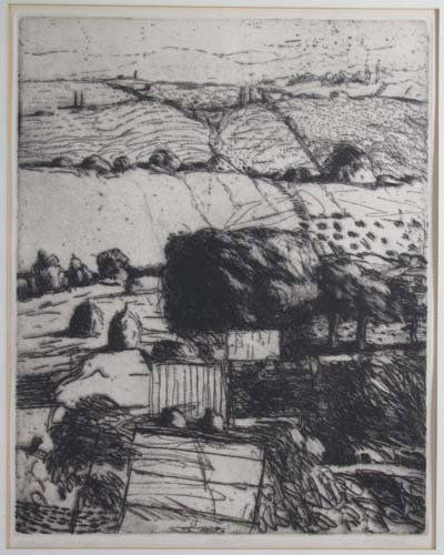 Linda Plotkin etching Verelay: Artist: Plotkin, Linda (American born 1938) Title: Verelay Date: circa 1975 Medium: etching Dimensions: 14.75 x 11.75 inches Edition: artist's proof Signature: pencil signed