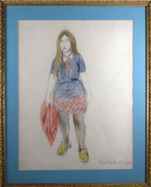 Raphael Soyer colored crayon drawing Young Girl: Artist: Soyer, Raphael (Russian/American 1899-1987) Title: Young Girl Standing Date: n.d. Medium: colored crayon and graphite Dimensions: 20 x 16 inches Signature: pencil signed Raphael So