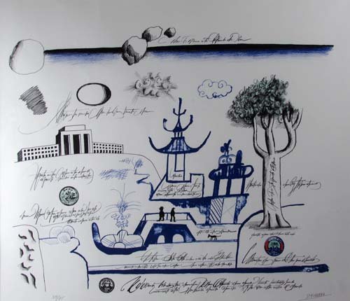 Saul Steinberg orig litho "Blue Pagoda Version ": Artist: Steinberg, Saul (Romanian/American 1914-1999) Title: Blue Pagoda 2 Date: circa 1975 Medium: lithograph printed in colors Dimensions: 17.5 x 21 inches Edition: 39/75 Signatur