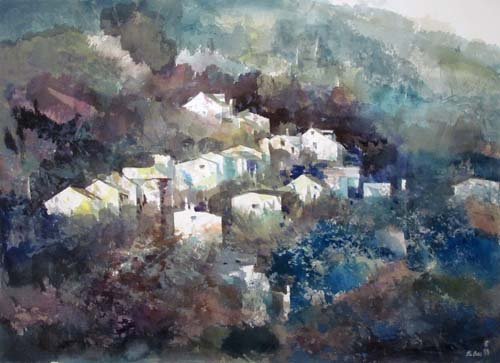 Wang Yu-Bao watercolor Pittsburgh Hillside Houses: Artist: Wang Yu-bao (Chinese, born 1945) Title: Pittsburgh Hillside Houses Date: n.d. Medium: watercolor and gouache Dimensions: 22 x 30 inches Signature: signed Yu Bao in English and Chin