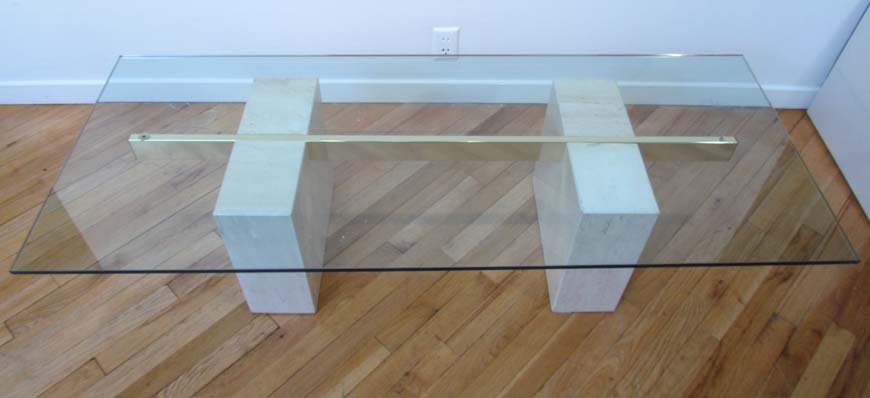 Marble, Glass and Brass Modern Coffee Table: Title: Marble, Glass and Brass Modern Coffee Table Medium: marble, glass, and brass Dimensions: 15.5 x 60 x 24 inches