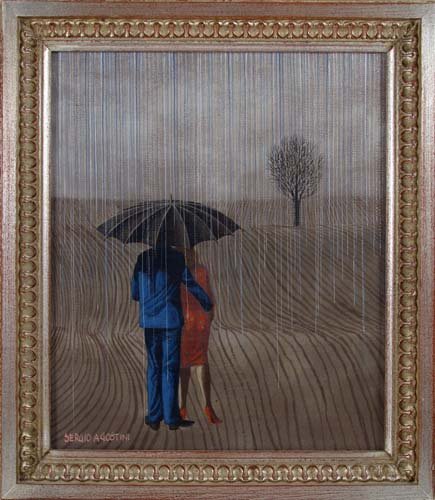 Sergio Agostini Figures in the Rain ptg: Artist: Agostini, Sergio (Italian, b. 1921) Title: Figures in the Rain Date: c. 1950s Medium: oil on canvas Dimensions: 13.5 x 11.5 inches Signature: Signed lower left Provenance: <