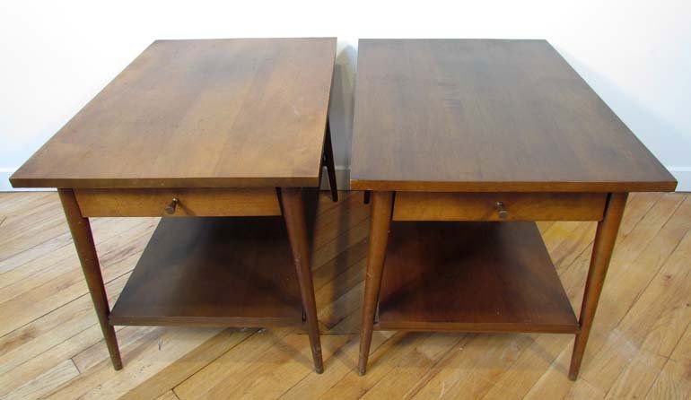 Pair of Paul McCobb single drawer end tables: Artist: Paul McCobb Title: Paul McCobb for Planner Group End Tables with single drawer and brass pulls Medium: mahogany or walnut wood and brass Dimensions: 20 x 19 x 26.75 inches Signature: both with