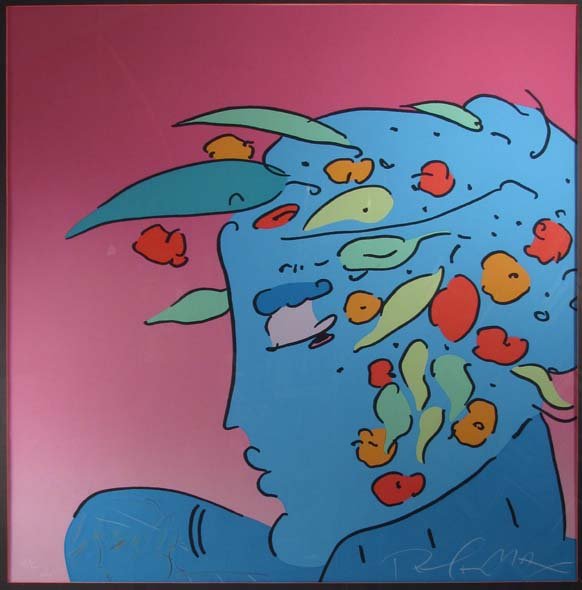 Peter Max orig serigraph "Blue Lady Planet": Artist: Max, Peter (American, b. 1937) Title: Blue Lady Planet Date: 1989 Medium: serigraph printed in colors Dimensions: 34 x 33.5 inches (sight size) Edition: H.C. 2 with an accompanying cert