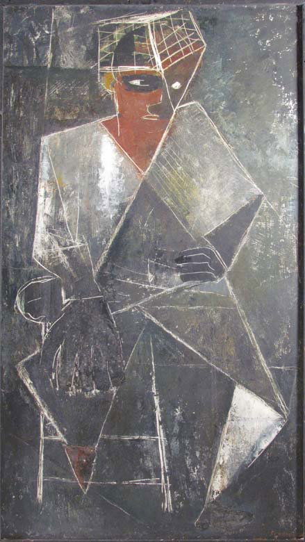 Louise Pershing ptg. Cubist Man with Hat: Artist: Pershing, Louise (American 1904-1986) Title: Seated Cubist Figure with Hat Date: circa 1945 Medium: oil on board Dimensions: 31.75 x 17.75 inches Signature: signed Pershing lower right<