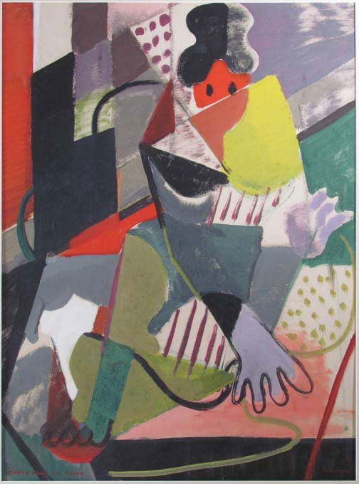 Louise Pershing gouache "That's What You Think": Artist: Pershing, Louise (American 1904-1986) Title: That's What You Think Date: circa 1950 Medium: gouache on paper Dimensions: 24.75 x 18.25 inches (sight size) Description: A cubist treatmen