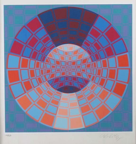 Vasarely original serigraph "Disc Form": Artist: Vasarely, Victor (Hungarian/French 1906-1997) Title: Disc or Spehere Medium: serigraph printed in colors Dimensions: 12 x 12 inches Edition: 116/250 Signature: pencil signed Frame