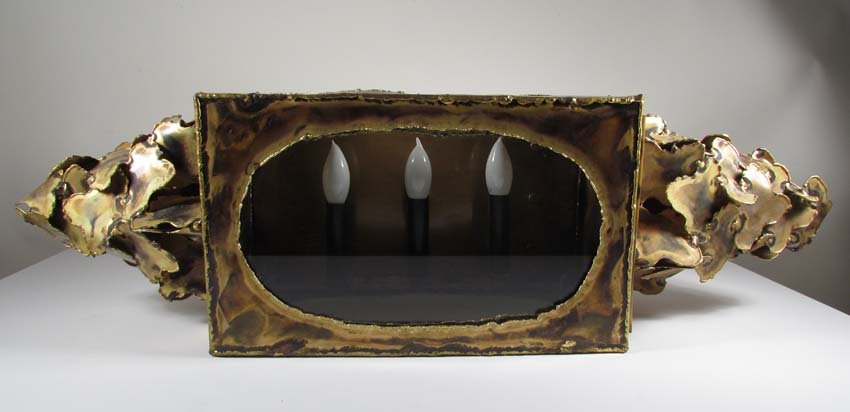 Modern Three Candle Electrified Wall Sconce: Possibly Tsolt Vudy Brass and painted Wall Sconce brass glass and electrified candles 9.5 x 34 x 9 inches Bench made by the artist