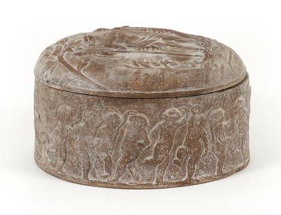 Manifattura Di Signa Classical Terracotta Lidded Box : A Manifattura Di Signa terracotta lidded box with bas-relief depicting Dionysus with a maenad or Erato on the lid, with dancing putti surrounding the bottom. Italian, late19th/early 20th century. 4.5