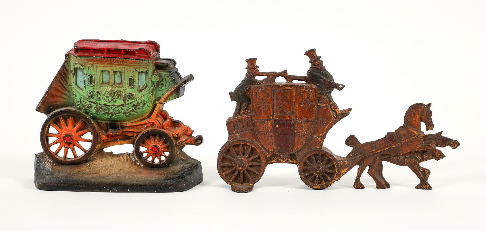 2 Cast Iron Stagecoach Doorstops, Early 20th Century : Two painted cast iron stagecoach doorstops, including: Creations Company coach cast iron doorstop, stamped COPYRIGHTED C CO 1930, 7.25 x 8.75 x 2.75 inches; London Royal Mail Coach, attributed to Nuyd