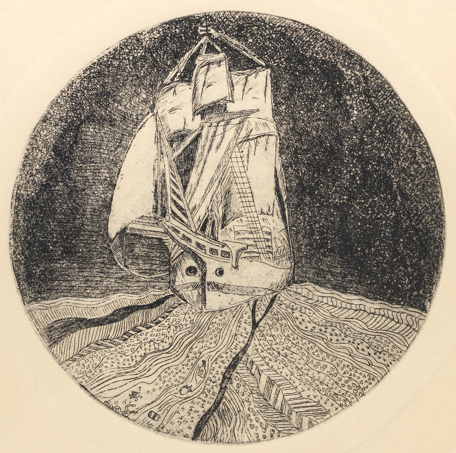 Circular Etching and Aquatint Sea of Green : Late 20th/early 21st century circular aquatint and etching on paper, Sea of Green, depicting a ship upon a stylized sea, signed, titled, and initialed ELB in pencil at bottom, image 7 x 7 inches, in a