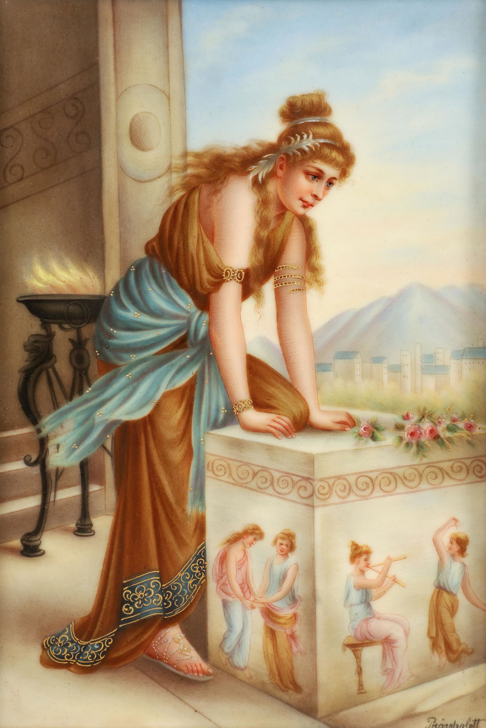 After Diana Coomans Painted Porcelain Plaque : Coomans, after Diana (Belgian, 1861-1952), Attentive, Konigliche Porzellan Manufaktur style hand painted porcelain plaque depicting a woman in a classical scene with fine gilt highlights, signed Prosc