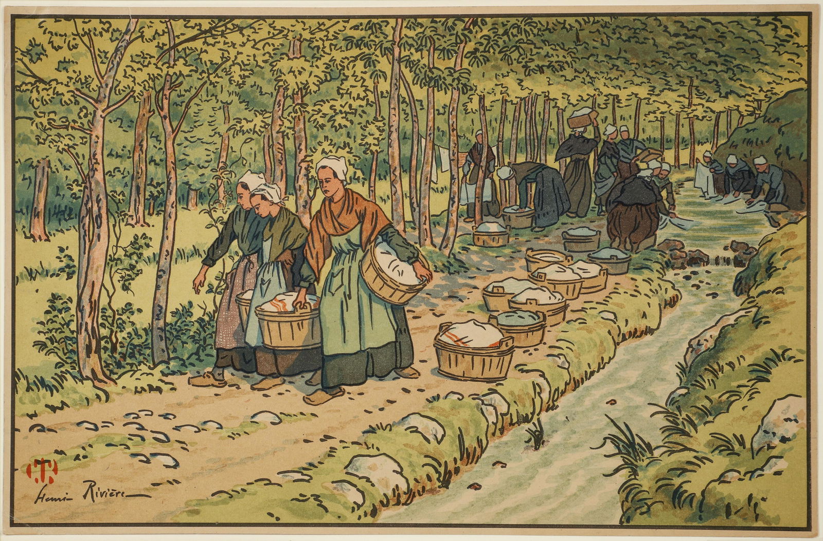 Henri Riviere 1909 lithograph Laundry at Treboul (1 of 4)