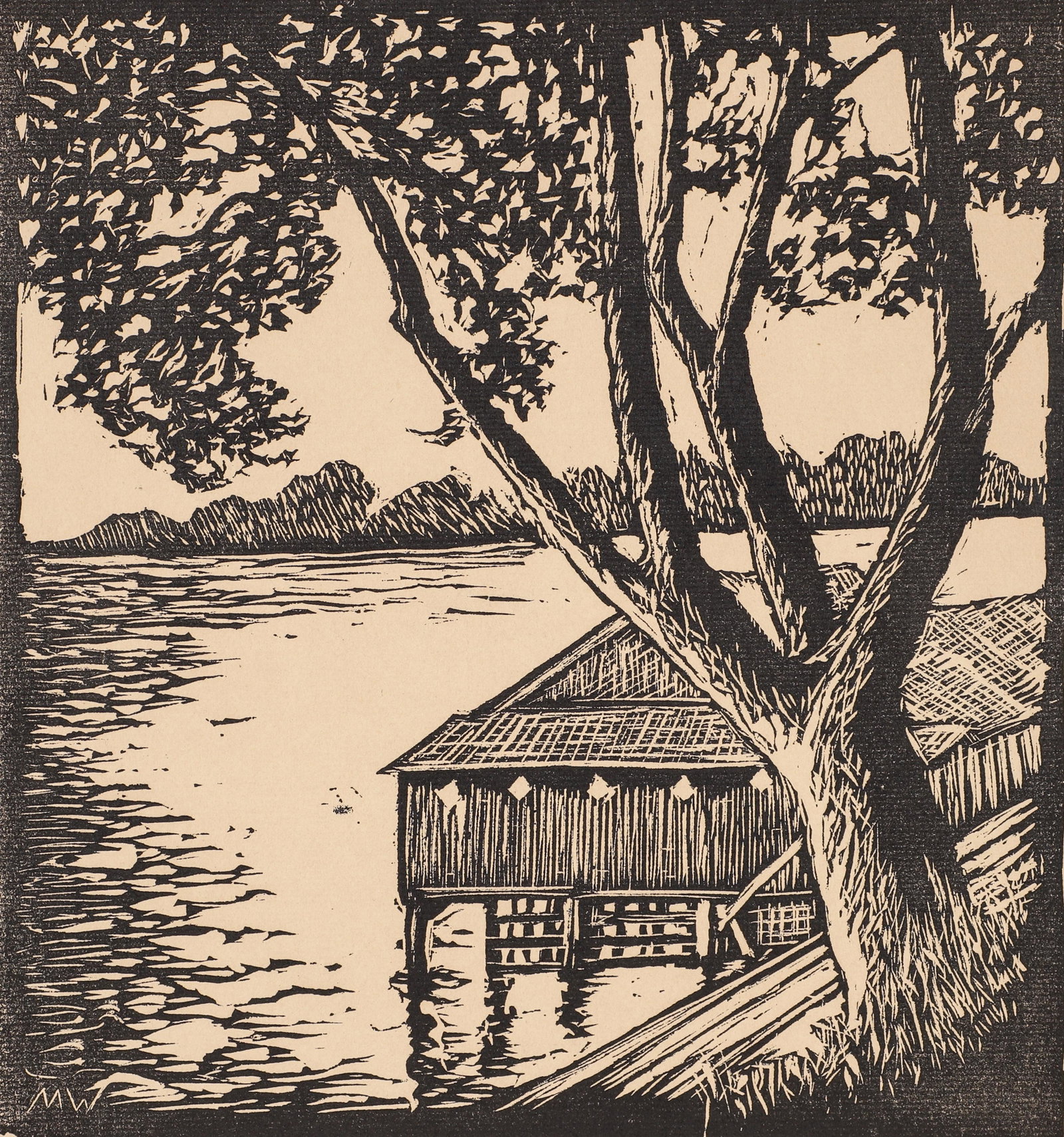 Margaret Whittemore woodblock The Boathouse: Whittemore, Margaret (1897-1983), The Boathouse, woodcut , 10 x 9.3 inches, signed and titled along the lower margin and signed with initials in the block, unframed.