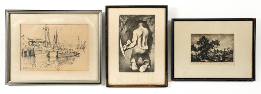 3 Lithos Inc. Kenneth Miller Adams, Emile A Gruppe: Three lithographs on paper. Including: Adams, Kenneth Miller (American/New Mexican, 1897-1966), The Miner, black and white offset lithograph on paper, from New Mexico Artists Series No. 1, The Univers