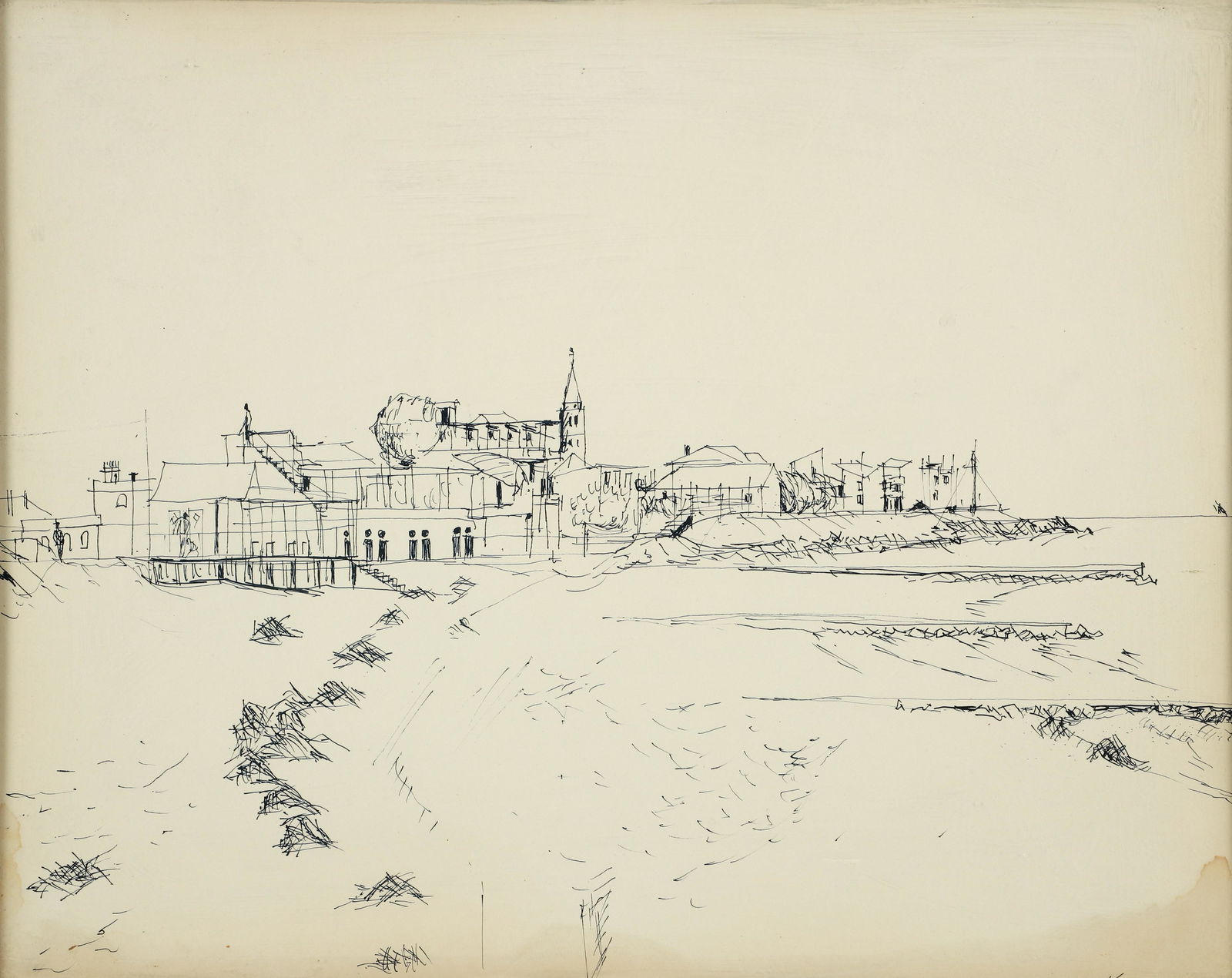 Henry Koerner Caorle Italy Pen and Ink Drawing: Koerner, Henry (Austrian/American/Pittsburgh, 1915-1991), Caorle Italy, c. late 1950s, pen and ink on paper, laid down on illustration board, signed lower right corner, 14.75 x 18.5 inches, in a perio