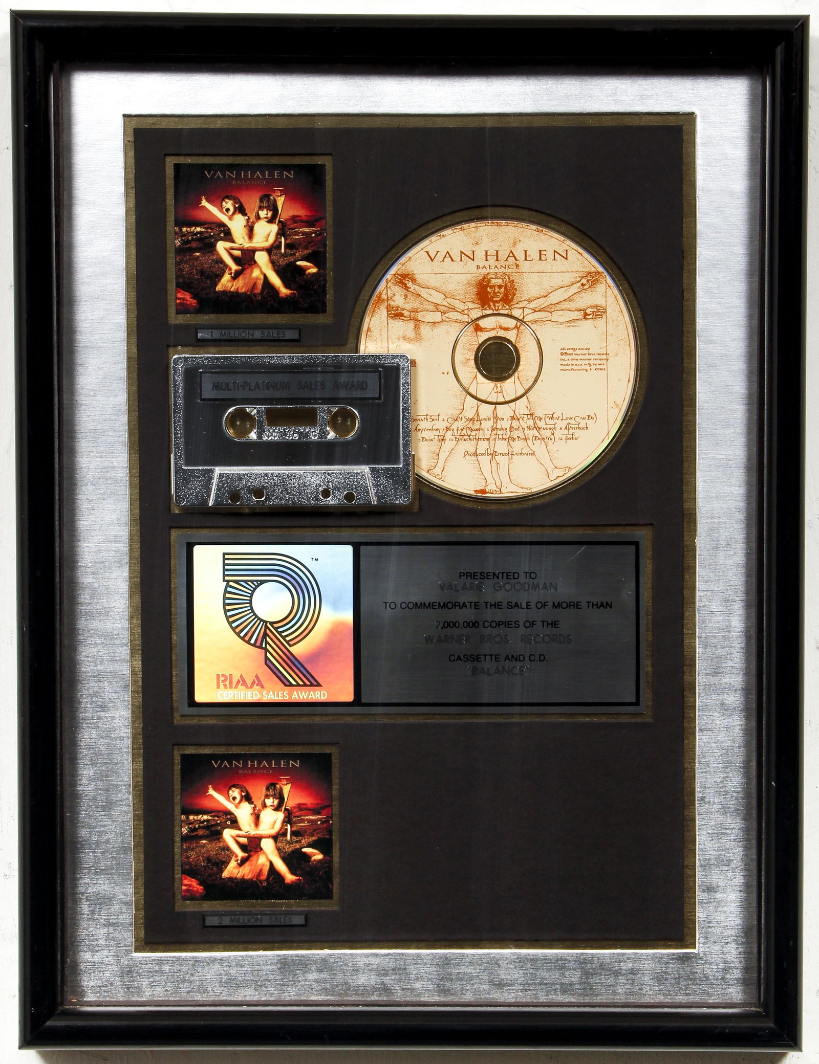 Van Halen Balance Multi-Platinum Plaque Tape and CD: Van Halen Multi-Platinum Cassette Tape and CD plaque for their 1995 album Balance, certified sales award from the RIAA, presented to a Warner Brothers Records Promotions executive, in a frame 17 x 12.