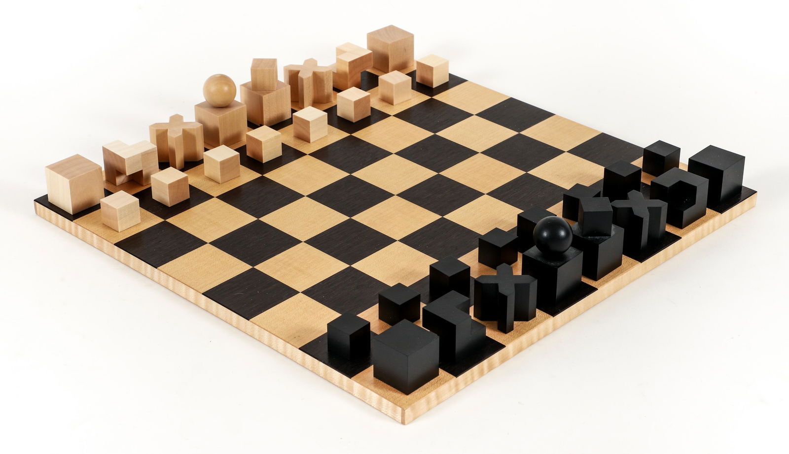 Naef Bauhaus Wooden Chessboard and Chess Set: 32-Piece Chess Pieces after Josef Hartwig original 1923 Design, Bauhaus Chessmen pieces with deluxe wooden chessboard made by Naef in Switzerland, board 14.25 x 14.25 x .5 inches. Naef is the authoriz