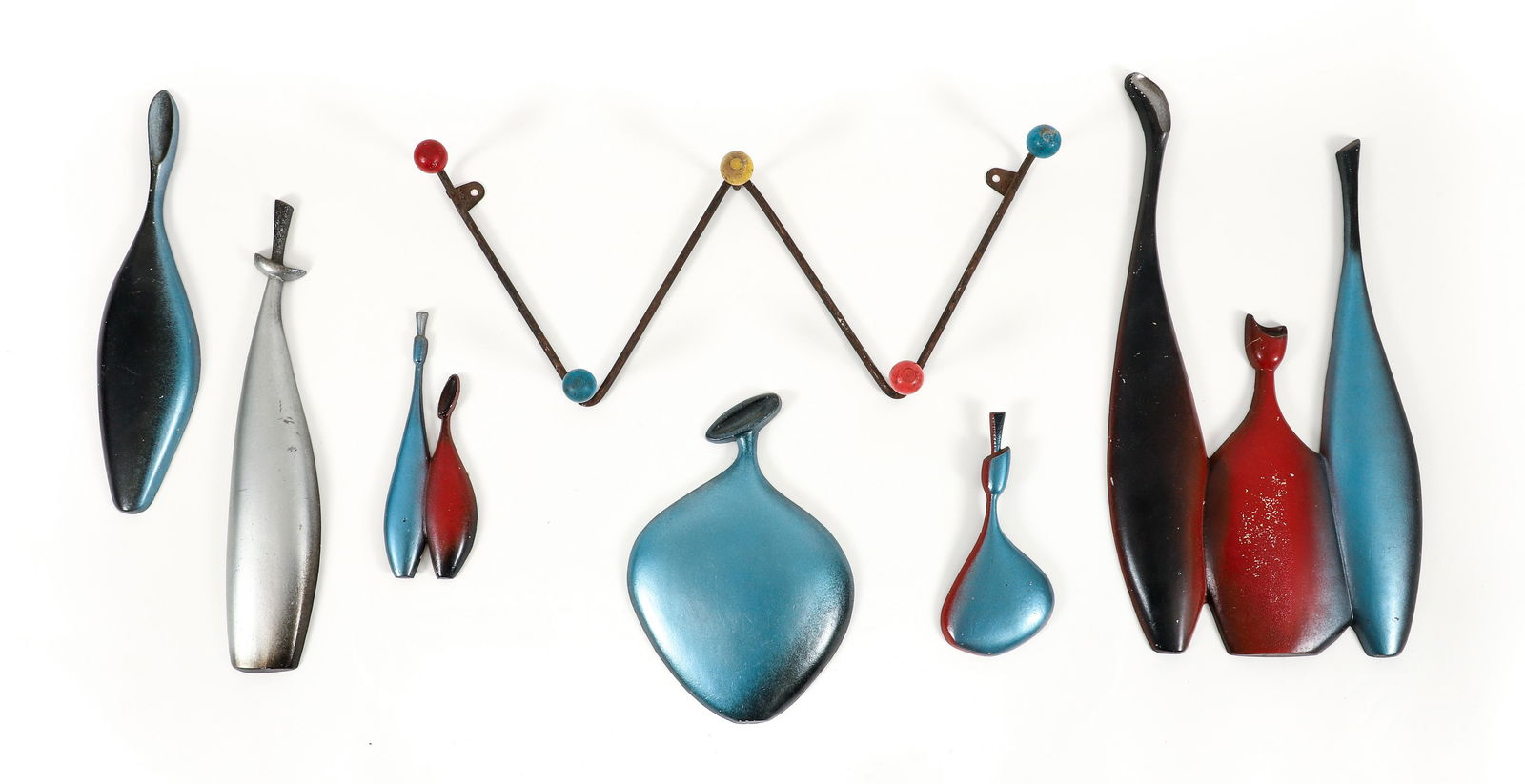 MCM Sexton Wall Hangings and Eames Style Coat Rack : Six Sexton blue, red, silver, and black stylized wine jug cast aluminum wall hangings, together with an Eames style steel rod frame coat rack with colorfully lacquered solid wood spheres, mid 20th cen