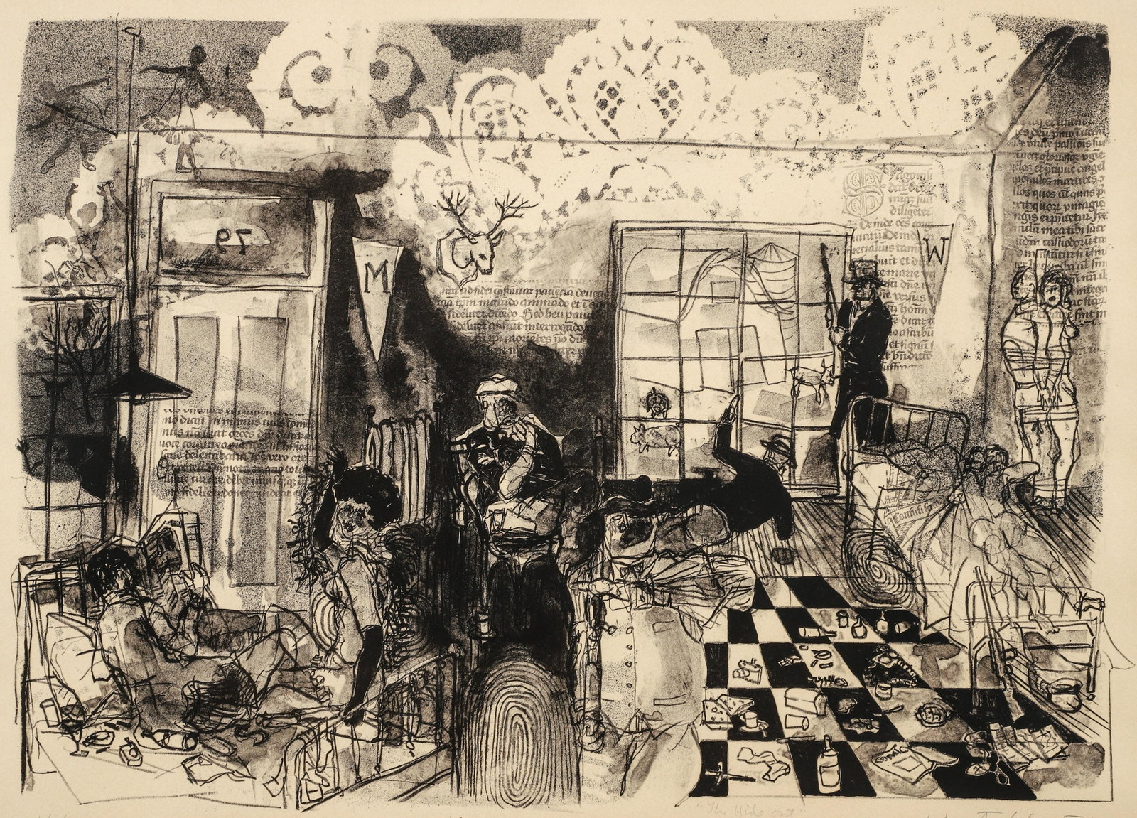 Warrington Colescott 1966 orig litho The Hideout: Colescott, Warrington (American, 1921-2018), The Hideout, 1966, lithograph in warm black on ivory wove paper, Image: 40 × 56.3 cm (15 3/4 × 22 3/16 inches); Sheet: 50.6 × 67 cm (19 15/16 × 26 7/16