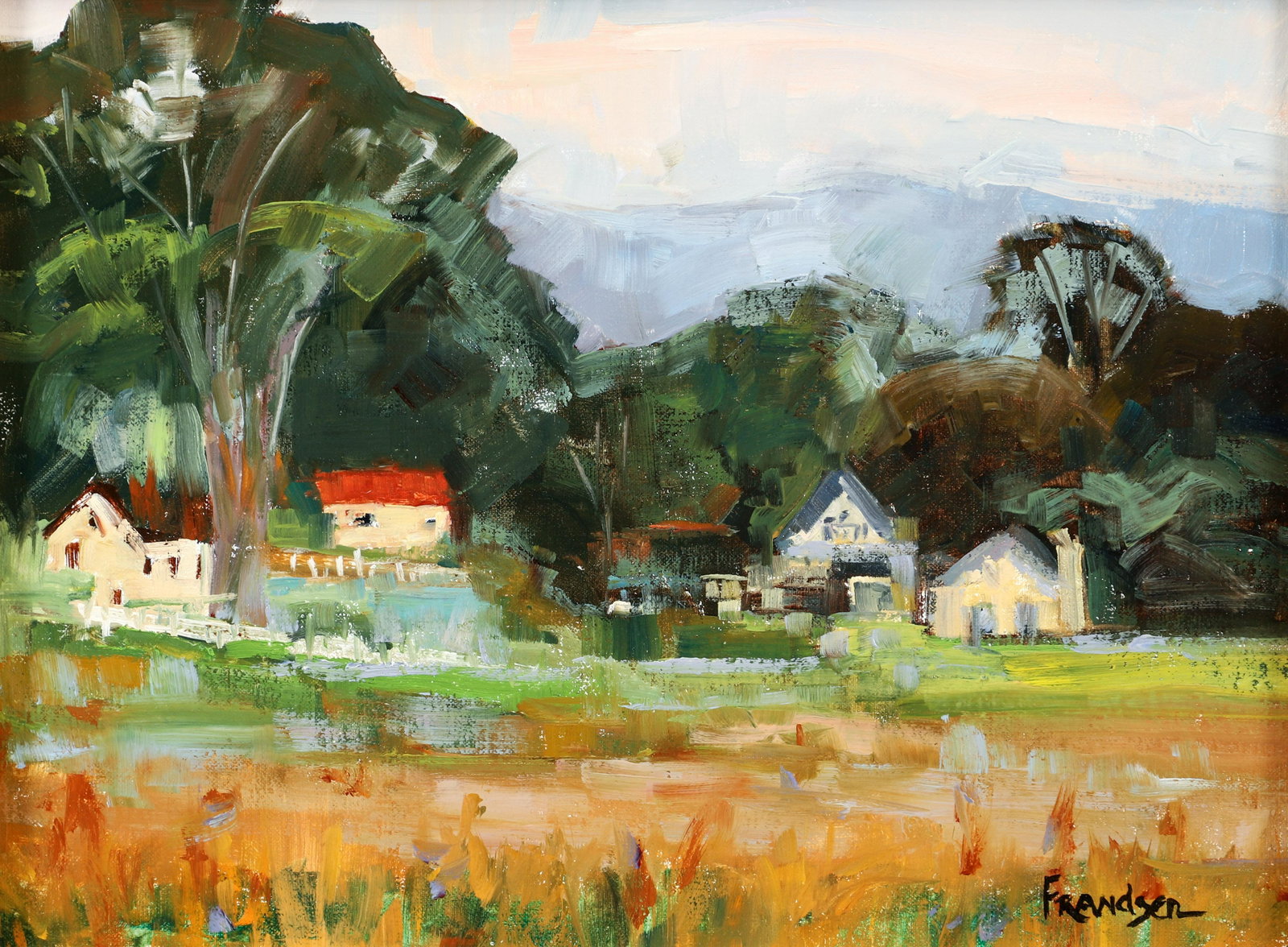 Mitchell Frandsen oil painting Ranch, Carmel: Frandsen, Mitchell (American, b.1956), Ranch, Carmel, oil on canvas, 9 x 12 inches, signed lower right, Provenance: Simic Gallery, Carmel, with flat panel gilded frame measuring 19 x 21.5 inches.