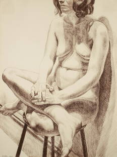 Philip Pearlstein 1971 lithograph Girl on Stool: Pearlstein, Philip (American, 1924-2022), Girl on Stool, 1971, (Field #22), lithograph printed in brown on Arches cream paper, 610x457 mm; 24x18 inches (sheet), full margins. Signed and numbered 67/15