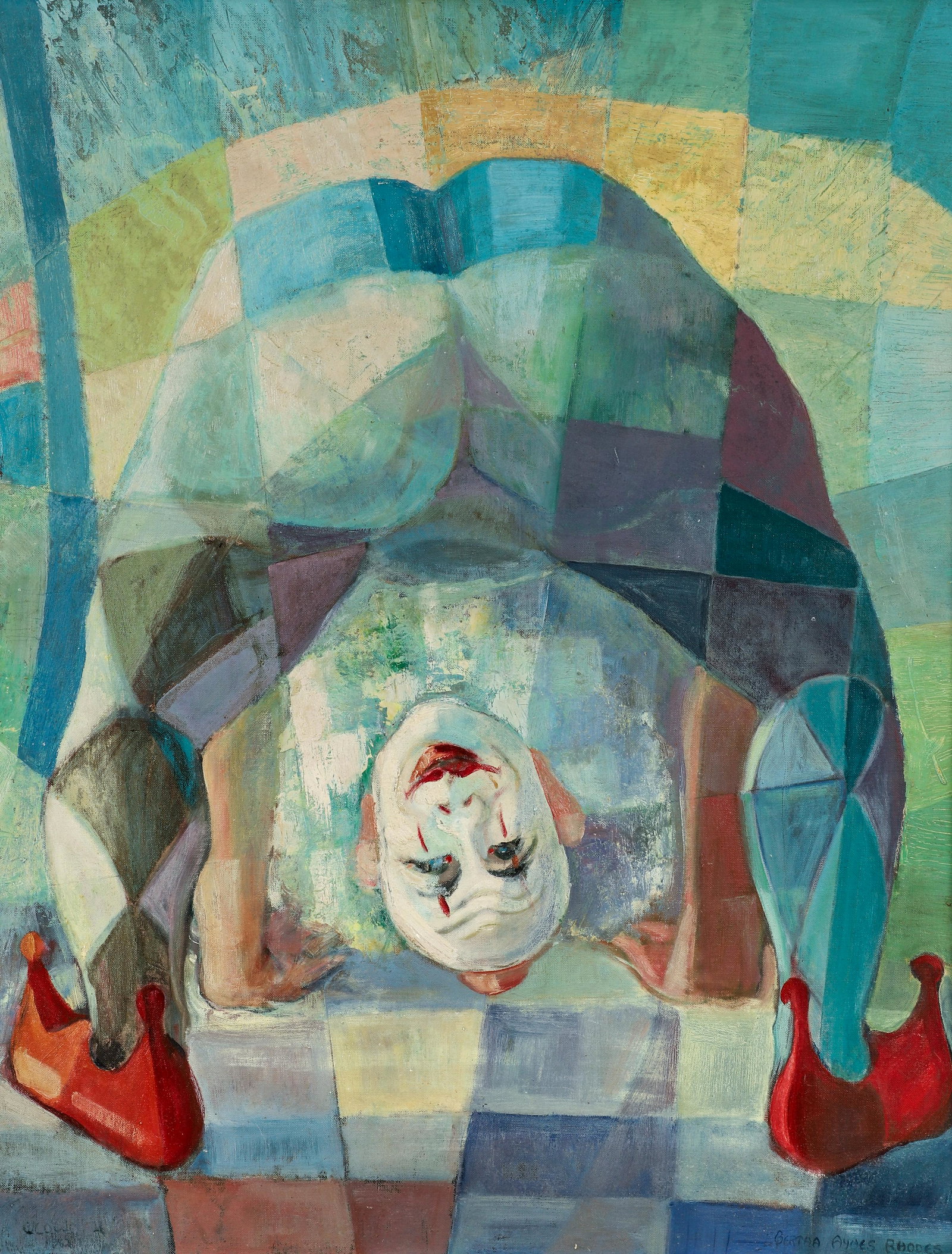 Bertha Aynes Rhodes Oil on Canvas Board Clown 1962: Rhodes, Bertha Aynes (20th Century) Clown, 1962, oil on canvas, titled, dated, and signed at front, signed again verso. 29.75 x 24 inches, 30.75 x 24.75 inches.