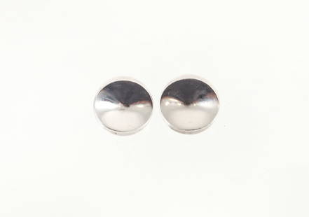 Georg Jensen Sterling Concave Disk Earrings: Sterling concave disk earrings. Modernist design by Nanna Ditzel for Georg Jensen. These sterling earrings are deceptively simple—the concave shape alters the look of the earrings as the wearer move
