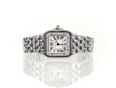 Cartier Panthere Stainless Wristwatch: Womens Panthere de Cartier watch, small model with quartz movement. Case in steel, bezel set with brilliant-cut diamonds, dimensions: 22mm x 30mm, thickness 6mm, crown set with a synthetic blue spinel