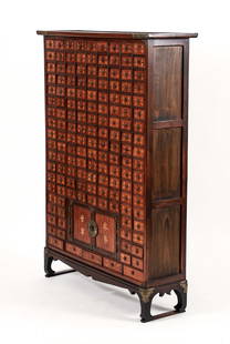 Korean Style Apothecary Cabinet with extensive drawer front: Mid to late 20th Century Korean style medicine/apothecary cabinet with 147 labelled drawers in Chinese (lemon root, mulberry, flowers and herbs, etc.). 2 door interior cabinet space with brass fitting