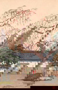 Toshi Yoshida woodblock Cherry Blossoms by The Gate: Yoshida, Toshi (Japanese, 1911-1995 ), Cherry Blossoms by The Gate, 1951, (Yoshida Studio), color woodblock print, 14.75 x 9.5 inches, with stamped title and various seals and pencil signature, Proven