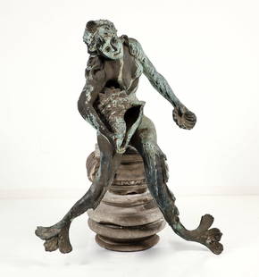 Italian Dual-Tailed Bronze Mermaid Fountain Sculpture: Monumental dual-tailed patinated bronze mermaid fountain sculpture resting on a neoclassical plinth, Italian School, likely 17th/18th century. The seated figure holds a large conch shell in one hand a