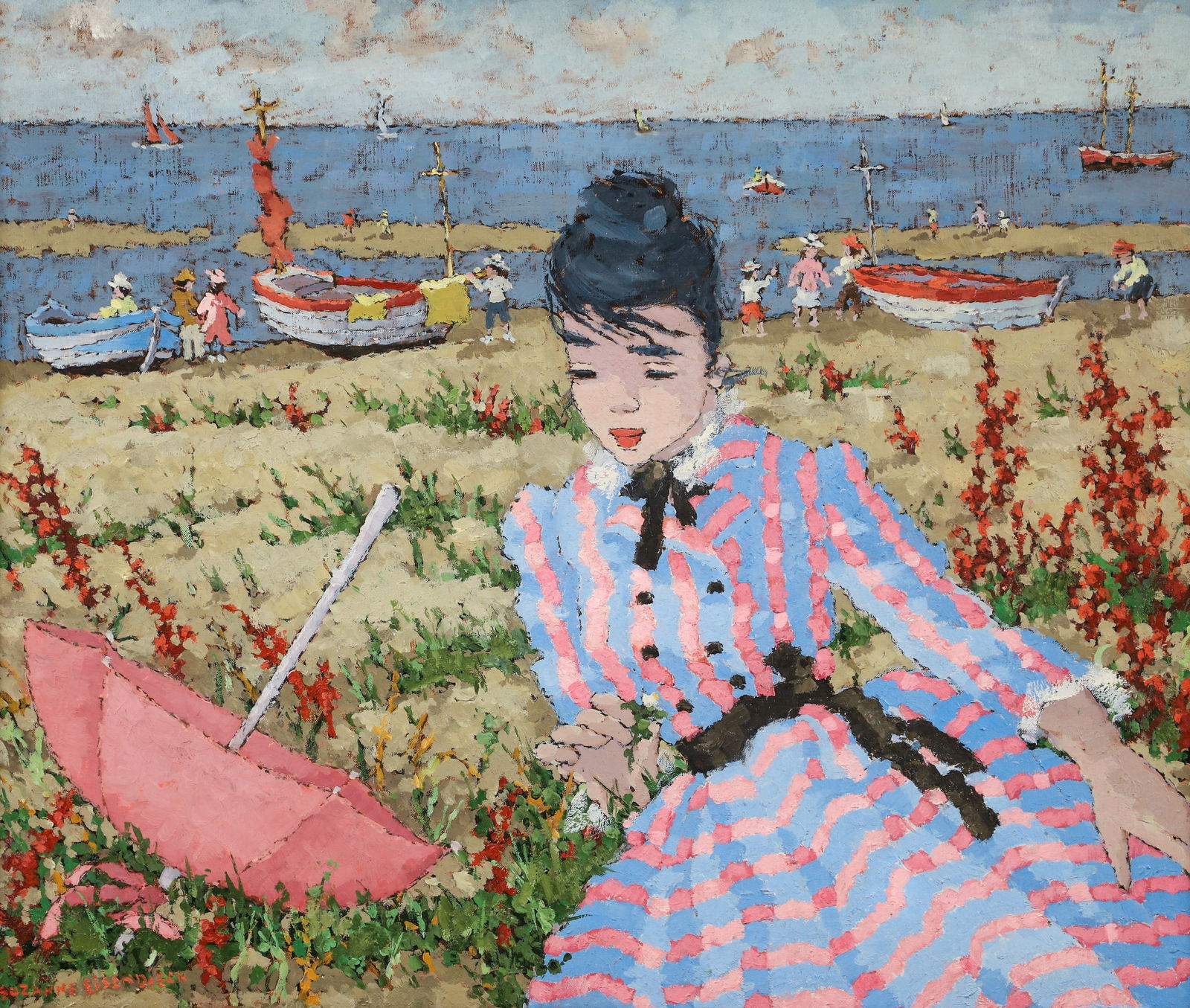 Suzanne Eisendieck oil painting Plage A St. Adresse: Eisendieck, Suzanne (Polish/French 1908-1998), Plage A St. Adresse (Beach at Saint Adresse), oil on canvas, 18.25 x 21.75 inches, signed lower left, framed in a gilded and scroll cornered French style