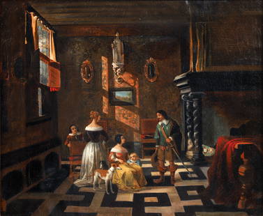 17th Century Dutch Interior with Visiting Gentleman: Follower of Pieter De Hooch (Dutch, 1629-1688), Dutch Interior with Visiting Gentleman Suitor, 17th century, oil on canvas, relined, 20 x 24 inches, with a carved and scrolling gilded frame measuring