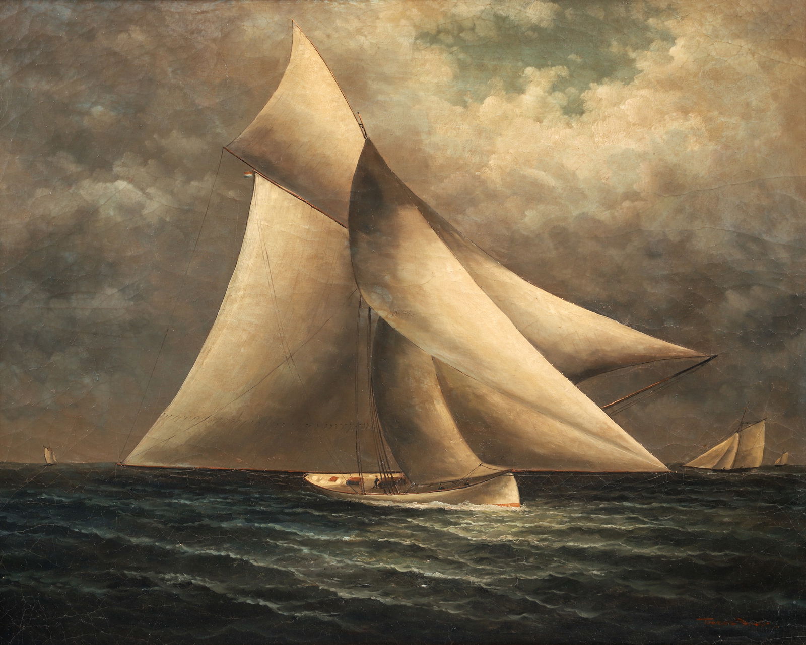Trevor James Oil on Canvas Sailboats at Sea: James, Trevor (American, 20th Century), Sailboats at Sea, oil on canvas, early/mid 20th century, signed at lower right. Canvas 24 x 30 inches, in a rich wood frame with inner gilt detailing 30.25 x 36