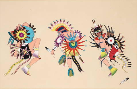 Alfred Momaday Three Dancers 1947 Native Painting: Momaday, Alfred (Haun Toa) (American/Kiowa Indian, 1913-1981), Three Dancers, 1947, tempera and ink on heavy cream colored paper, signed, dated and annotated N. Mex. on the feather in the lower right