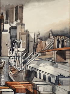 Henry Koerner New York Skyline Watercolor 1976: Koerner, Henry (Austrian/American/Pittsburgh, 1915-1991), New York City Skyline, With the Twin Towers, 1976, watercolor on paper, signed and dated lower right, 16 x 12 inches, in a metal frame 18.5 x