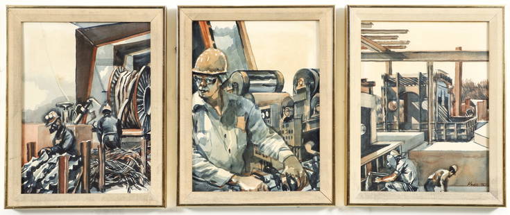 Henry Koerner Steelmaking Triptych Watercolors 1976: Koerner, Henry (Austrian/American/Pittsburgh, 1915-1991), Pittsburgh Steelmaking Triptych, 1976, watercolor on paper, each one signed and dated, 16 x 12 inches, in matching metal frames 18.5 x 14.5 in